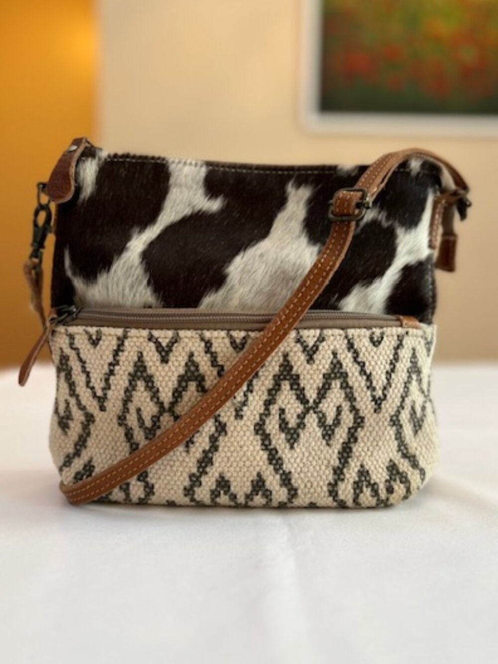 MYRA | Canvas and Cowhide Leather Crossbody Bag Reversible-EUC